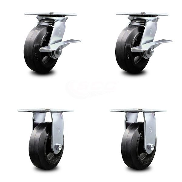 6 Inch Rubber on Steel Caster Set with Roller Bearing 2 Brakes and 2 Rigid SCC